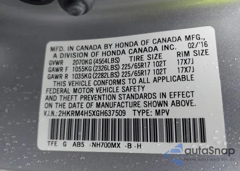 2016 Honda Cr-V Ex from USA, damaged, VIN 2HKRM4H5XGH637509